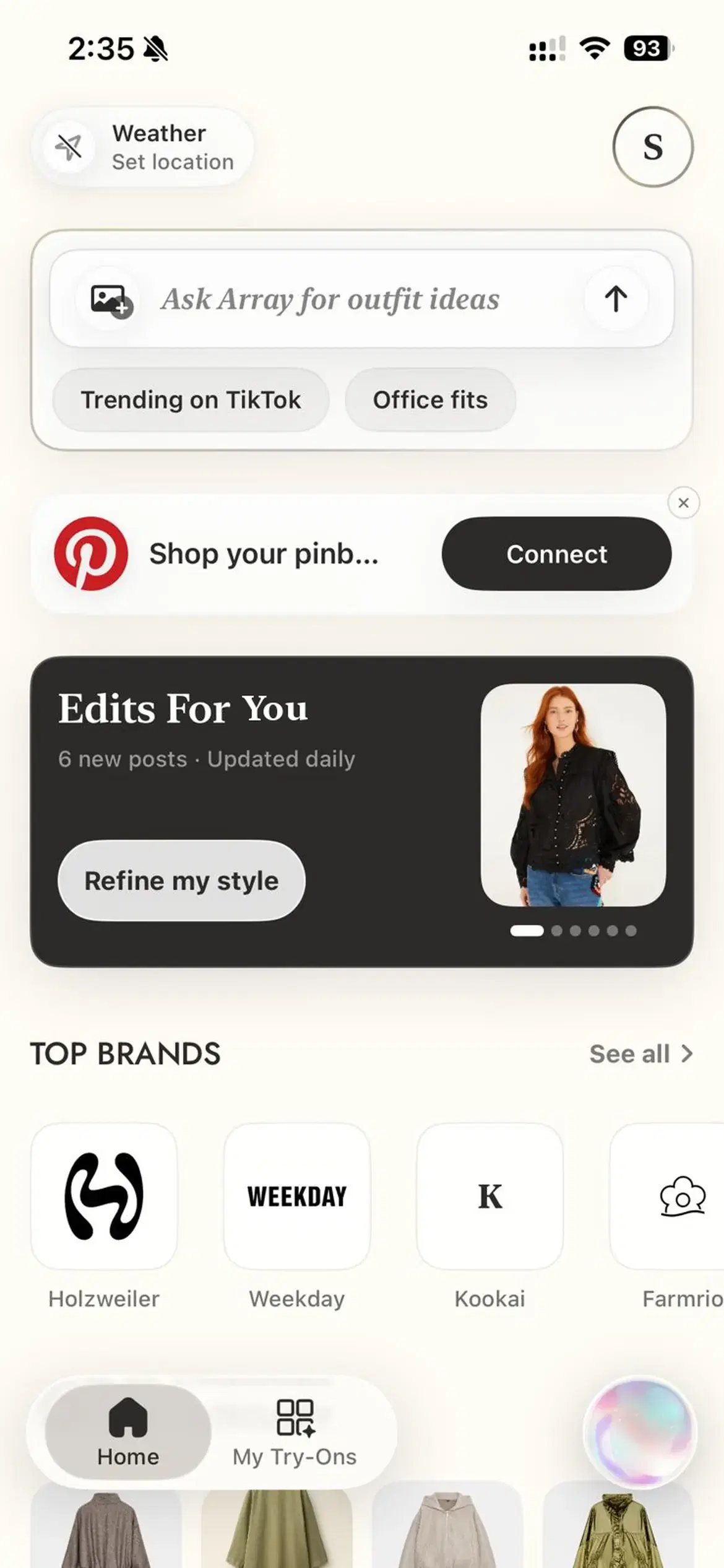 Array iOS Home screen showing Ask Array, Pinterest, Today's edit, Top brands, Shop by category, and the Home/My Try-Ons dock
